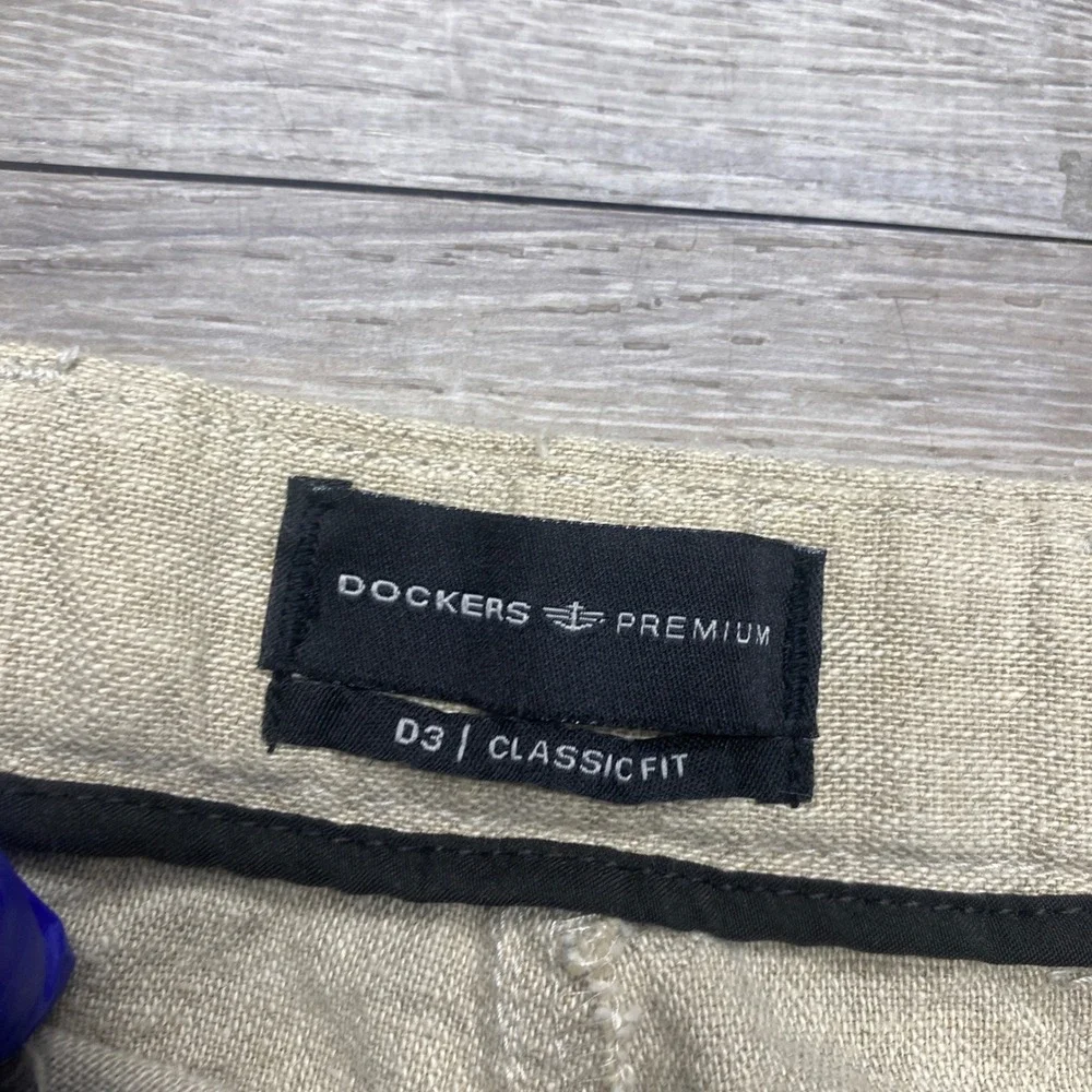Dockers Premium Men 38x32 Linen Cotton Pleated Pants Tan D3 Classic Fit Beach
